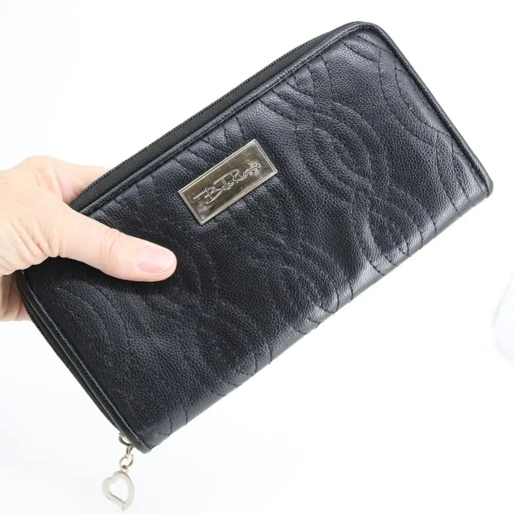 Bella Russo Wallet Black Faux Leather Quilted Clutch ID Card Cash Coin Accordion